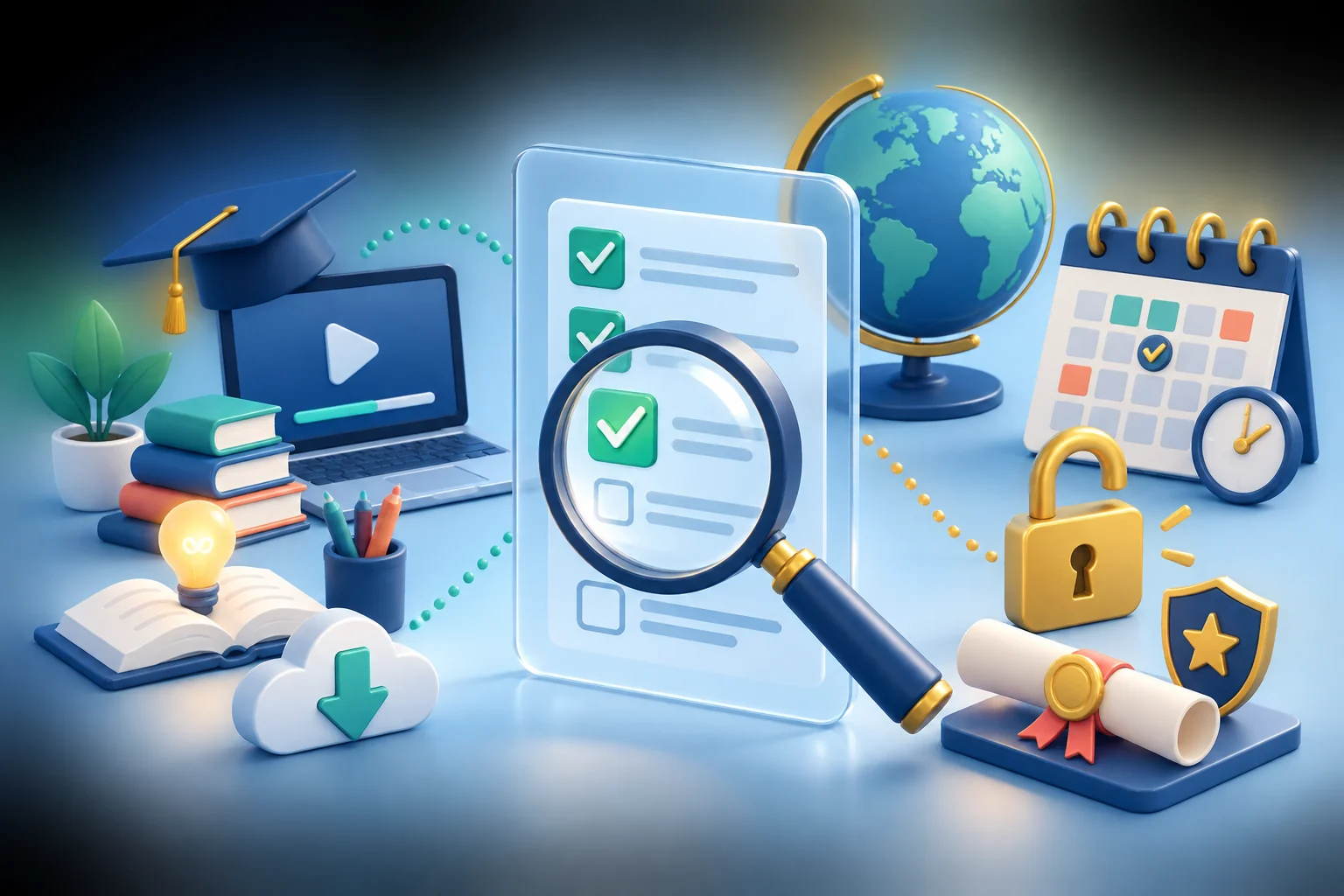 Illustration of a course checklist being verified with a magnifying glass, calendar and access symbols
